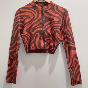 Le Lis Collection Zebra Print Cropped Zip Up Mock Neck Knit Jacket Rust Brown M